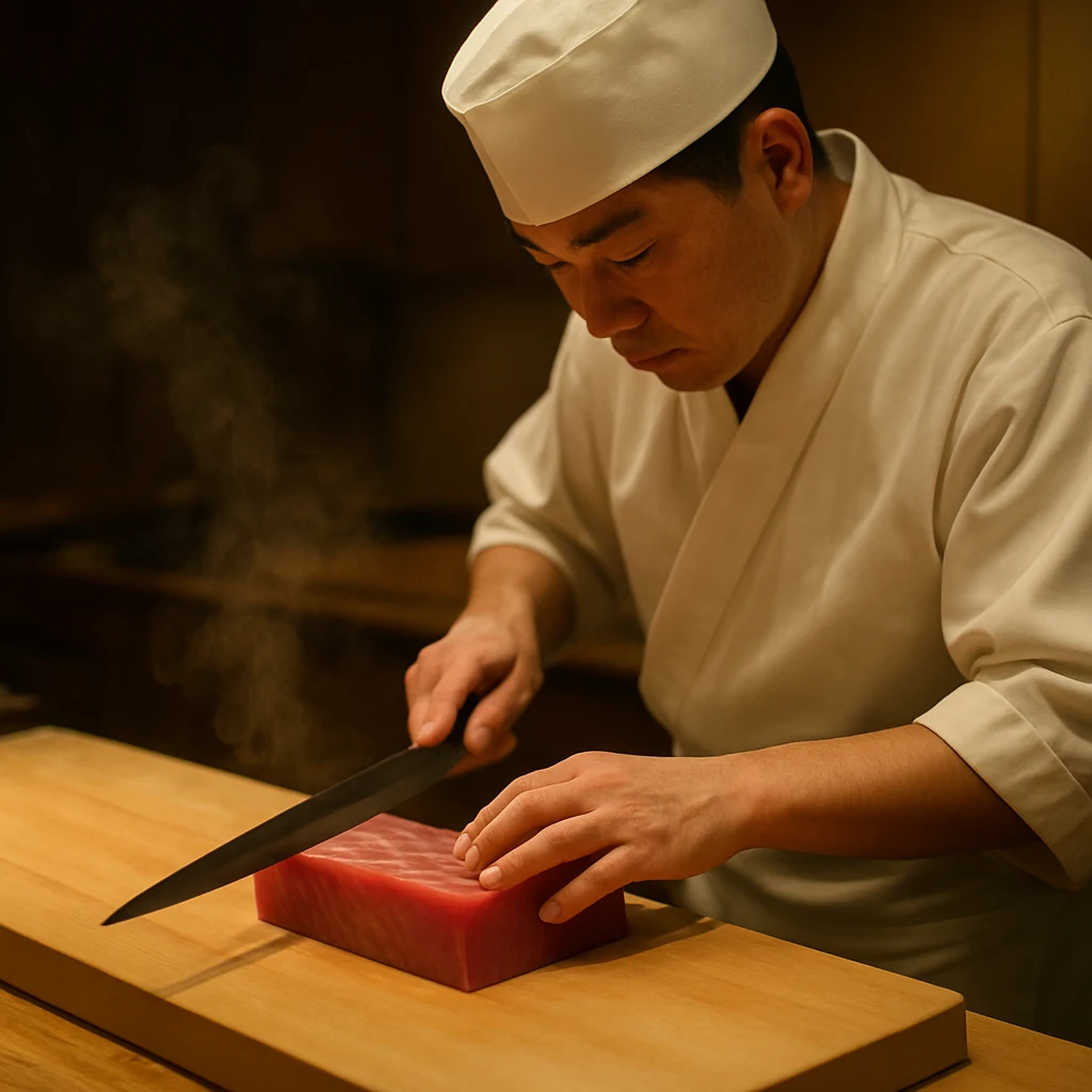 A sushi chef slicing fresh tuna behind a hinoki wood counter